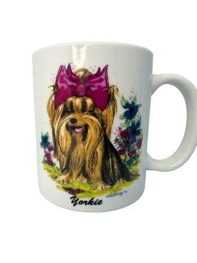 Vintage Yorkie Dog Mug Pink Bow Floral Cute Puppy Coffee Cup 1990s‎